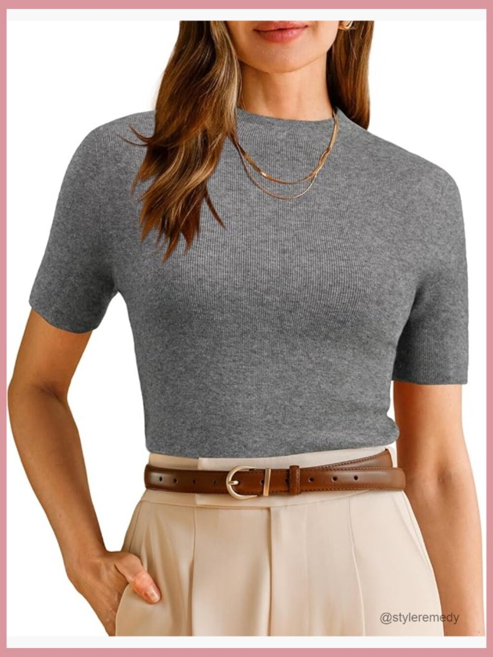Wool Blend Short Sleeve Mock Neck Sweater Pullover Business Casual Top